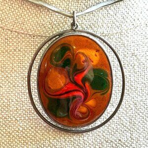 Reverse Painted Pendant, Sterling Silver, Vintage Israel 925